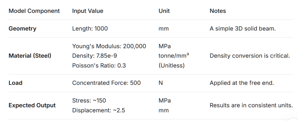 Static analysis results table for steel beam using SI(mm) units showing stress, displacement, and reaction force calculations in MPa and Newtons