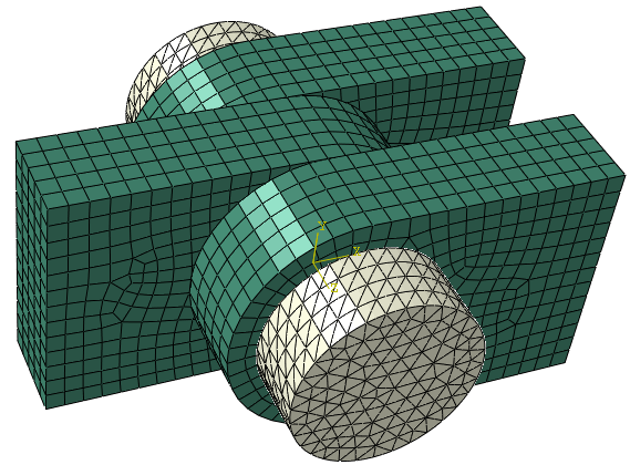 Pin-in-Lug Assembly in Abaqus CAE showing meshed components and contact pairs