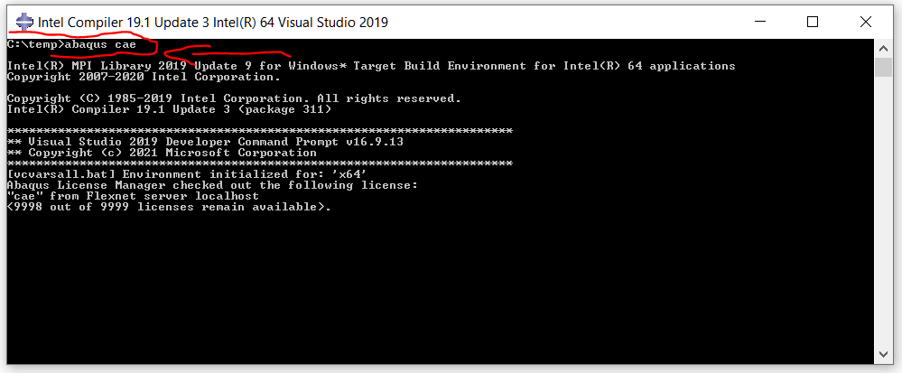 Command prompt window showing how to launch Abaqus CAE software using Windows terminal with abaqus cae command