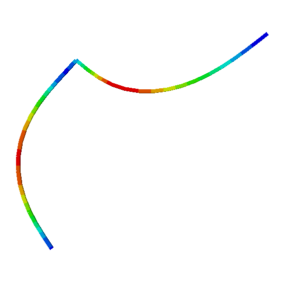 Post-buckling deformation contour plot from Abaqus simulation: L-shaped beam structure with stress concentration at intersection point and color-coded displacement results