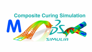 A 3D finite element model in Abaqus/CAE showing a composite laminate on a tool plate, with a multi-colored fringe plot indicating the simulated degree of cure (from blue=0% to red=100%) during an autoclave cycle. Warpage deformation is exaggerated to visualize residual stress effects.