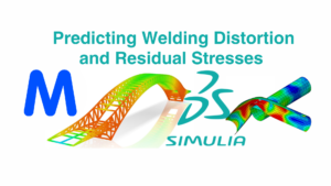 Abaqus simulation results showing a welded plate with severe angular distortion and bending. A multi-colored fringe plot indicates residual stress distribution (red=high tension, blue=compression) with overlaid arrows showing stress directions, alongside a validation chart comparing predicted vs. measured distortion.