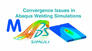 Abaqus/CAE interface showing a welding simulation error message ("Too many attempts at this increment") alongside a corrected model with adjusted material properties and stabilization controls, demonstrating the troubleshooting process. Option 2 (Diagnostic Flowchart): A detailed troubleshooting flowchart for Abaqus welding simulations, mapping symptoms (e.g., "zero pivot warning") to specific causes (e.g., unconstrained rigid body motion) and solutions (e.g., contact stabilization), with relevant .msg file excerpts. Option 3 (Before/After Convergence): Side-by-side comparison of a welding simulation: Left panel shows a diverged model with distorted mesh and error log; Right panel shows a stable analysis with smooth temperature gradients and converged residual stress contours after applying fixes. Option 4 (Parameter Adjustment Guide): Visual guide highlighting key Abaqus parameters to adjust for convergence: material yield floor at high temperature, contact stabilization settings, time increment controls, and hourglass energy