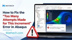 Abaqus error message dialog box reading "Too many attempts made for this increment" displayed over a screenshot of a finite element model of a reinforced concrete beam with stress contours.