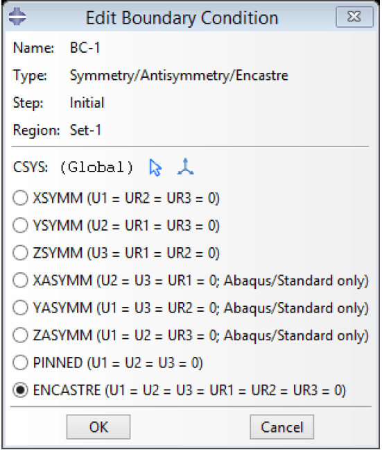 Editing the encastre boundary condition settings in Abaqus for contact analysis