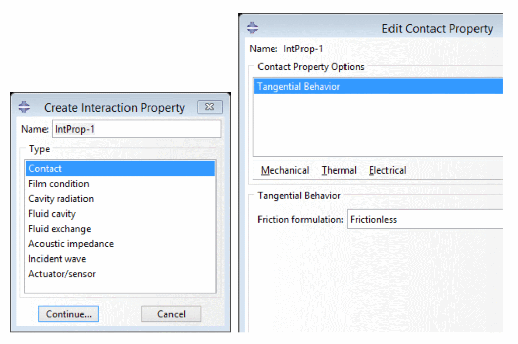 Creating contact interaction properties in Abaqus for surface contact simulation