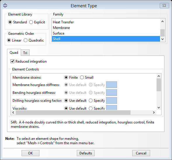 Assigning shell element types for the contact simulation in Abaqus