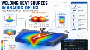 Welding heat source models in Abaqus DFLUX showing Gaussian, Goldak double ellipsoid, conical, and volumetric heat sources