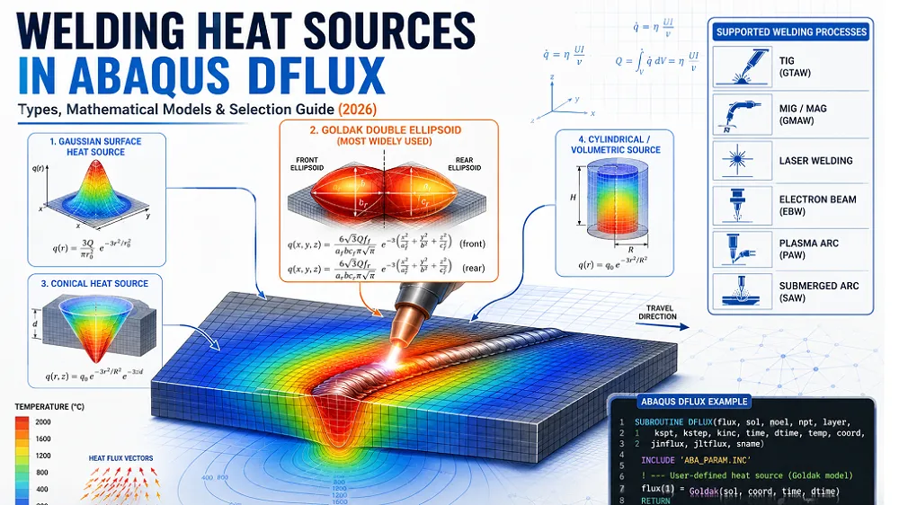 Welding heat source models in Abaqus DFLUX showing Gaussian, Goldak double ellipsoid, conical, and volumetric heat sources