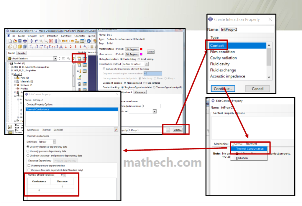 Setting up thermal contact properties in ABAQUS: Contact definition interface with parameters for heat transfer coefficient, gap conductance, and thermal interaction settings in transient simulation.