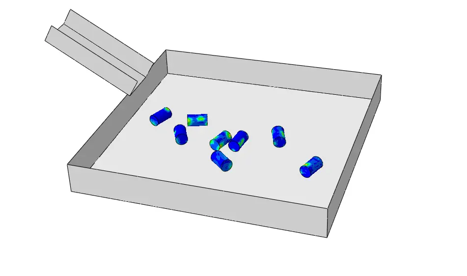 Drop impact simulation of eight cylindrical storage tanks falling onto a rigid ground surface in Abaqus/Explicit.