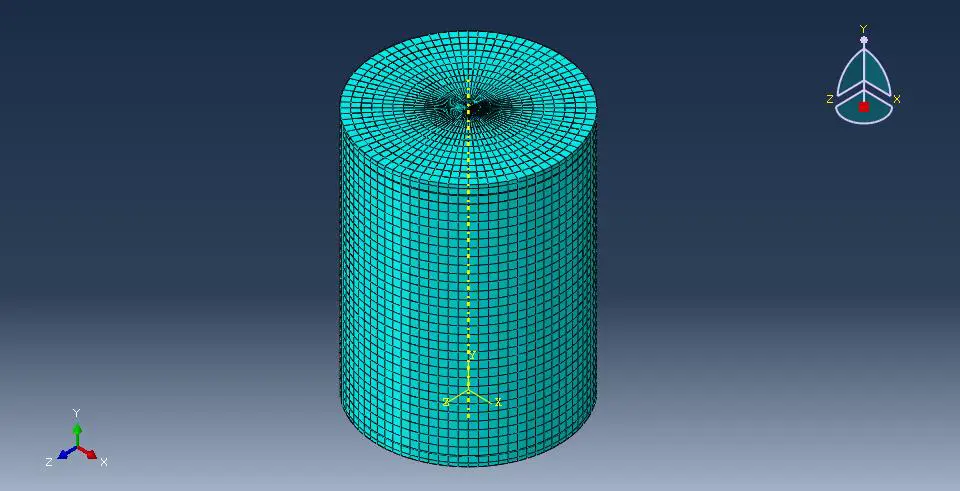 Finite element mesh of a steel oil storage tank in Abaqus for wall stress analysis.