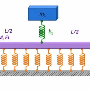 Colorful schematic of a flexible I-beam with distributed springs and a concentrated mass used for modal analysis in Abaqus to determine natural frequencies and mode shapes.