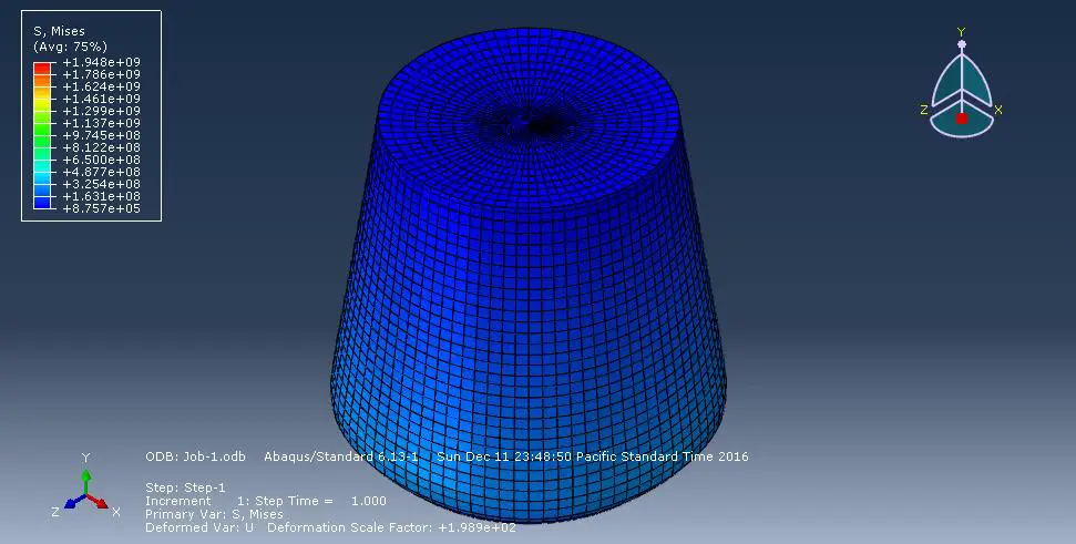 Von Mises stress distribution in the deformed oil storage tank obtained from Abaqus simulation.