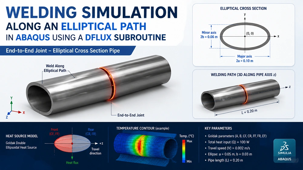 Welding-Simulation-for-Elliptical-Cross-section-pipe-in-Abaqus-using-Dflux-Subroutine-1.webp — Abaqus welding simulation of an elliptical cross-section pipe with an end-to-end joint and a moving heat source along an elliptical welding path.
