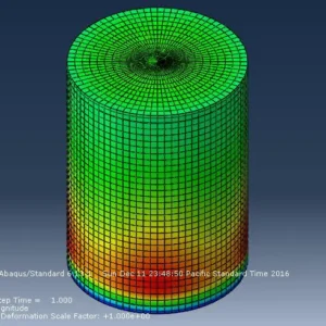 Deformed shape of a thin-walled steel oil storage tank under hydrostatic pressure in Abaqus.