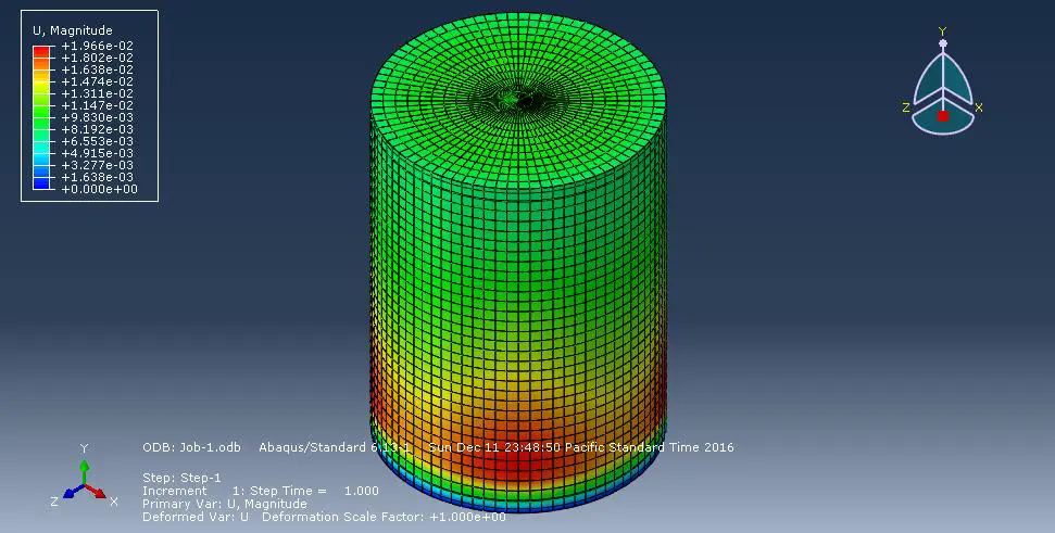 Deformed shape of a thin-walled steel oil storage tank under hydrostatic pressure in Abaqus.