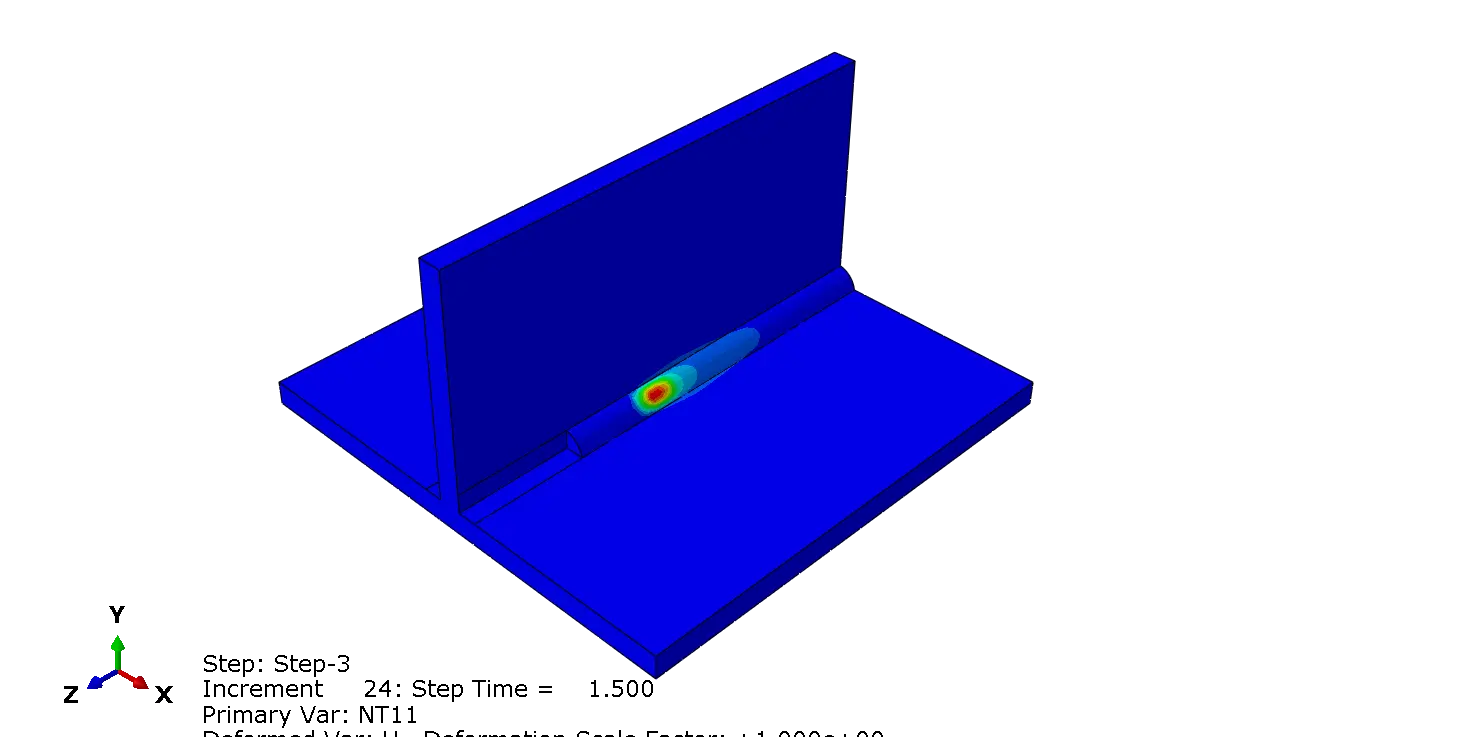 Temperature contour in laser welding simulation in Abaqus | TEE joint